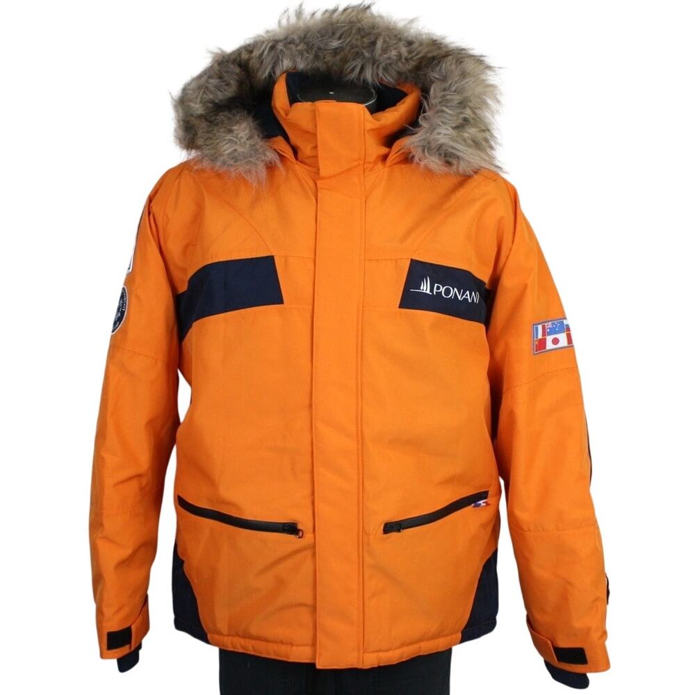 PONANT Polar Exploration Parka Jacket Mens L Orange Faux Fur Hood Expedition